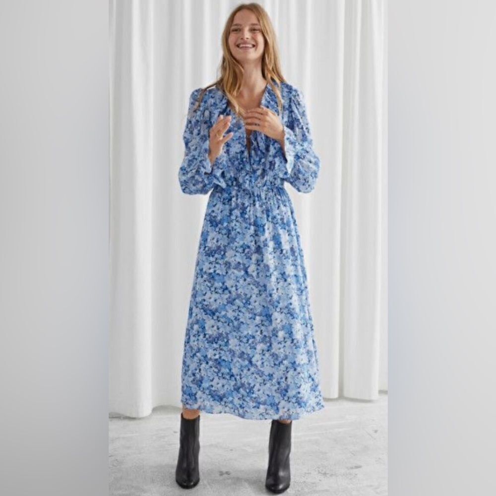 & Other Stories Voluminous Ruffle Long Sleeve Floral Midi Dress Size 10